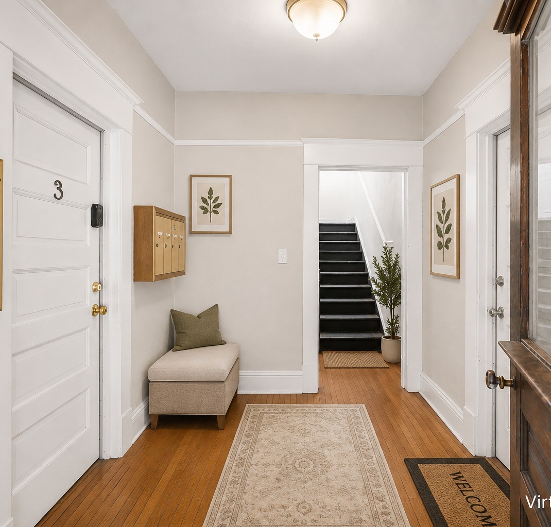 Interior entry hallway and stairway serving the upper-floor units