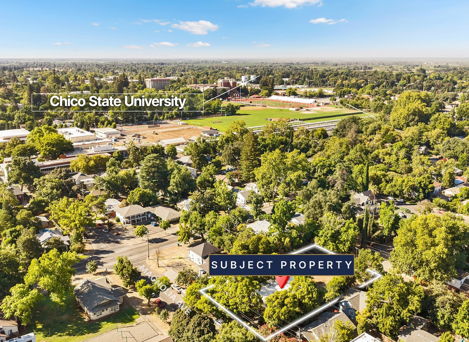 Aerial view of the subject property on Magnolia Avenue with Chico State University in the background