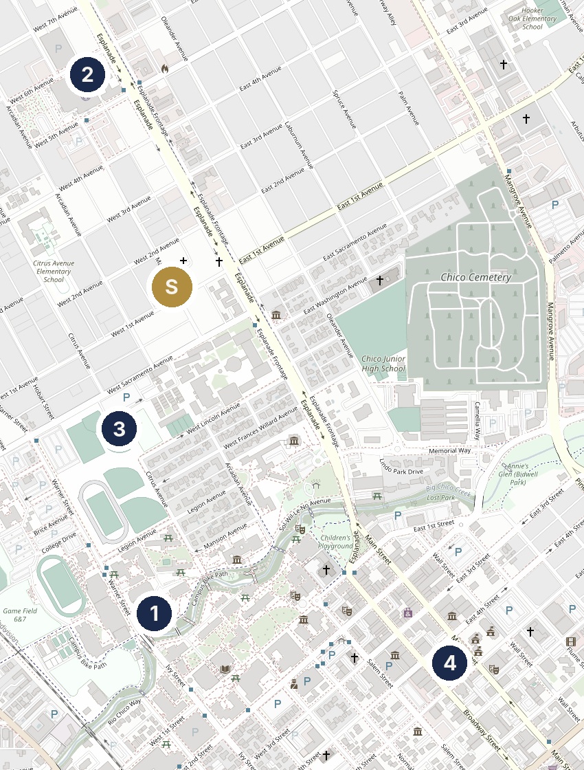 Neighborhood map showing the Magnolia Avenue property relative to Chico State, Enloe Medical Center, Chico High School, and downtown Chico