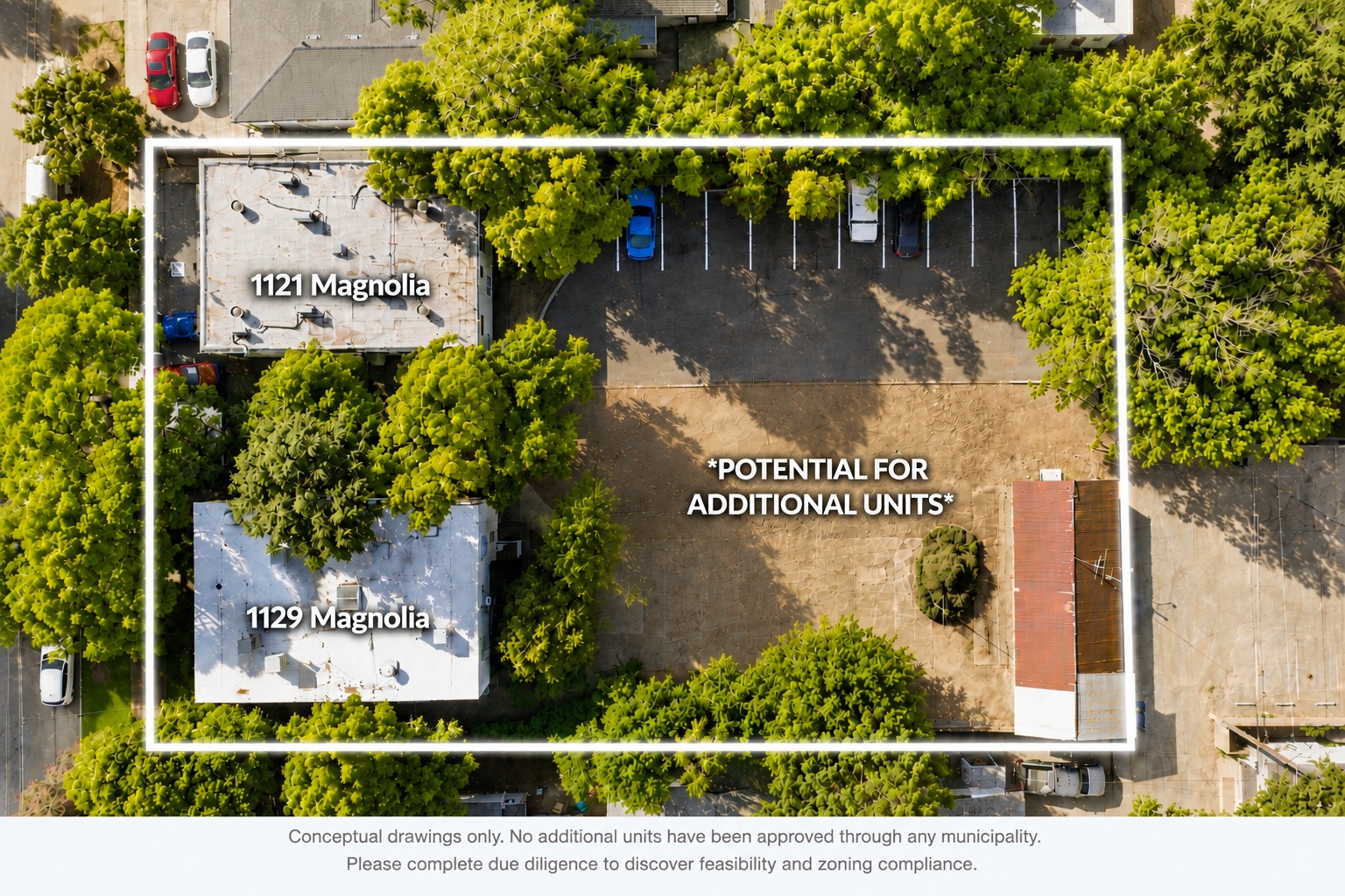 Aerial site plan showing the 1121 and 1129 Magnolia buildings and the rear yard marked potential for additional units