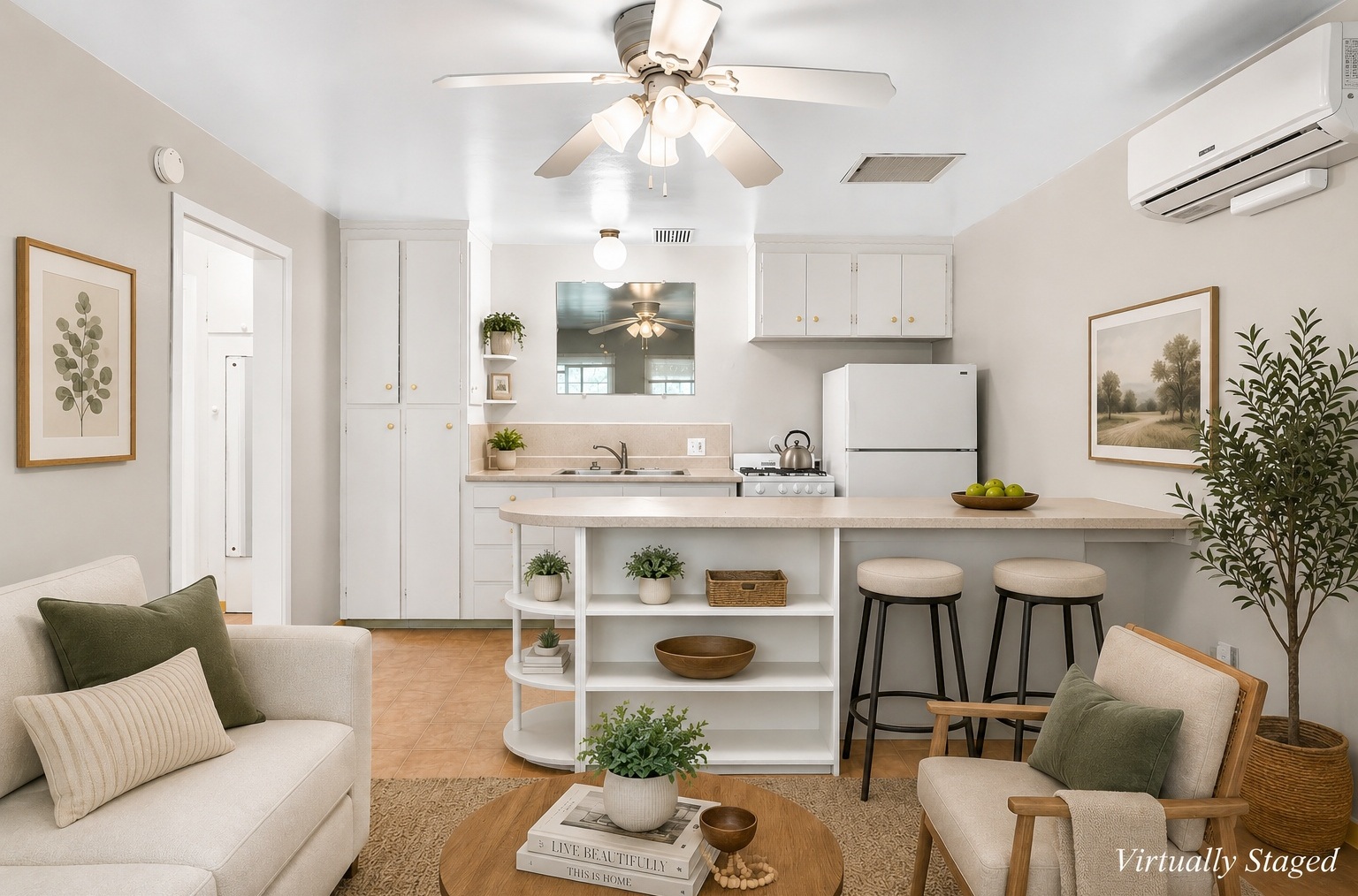Virtually staged kitchen and living area with mini-split heating and cooling