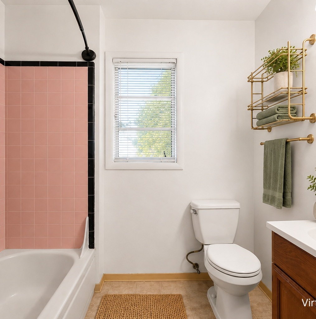 Renovated unit bathroom with tub, vanity, and tile floor