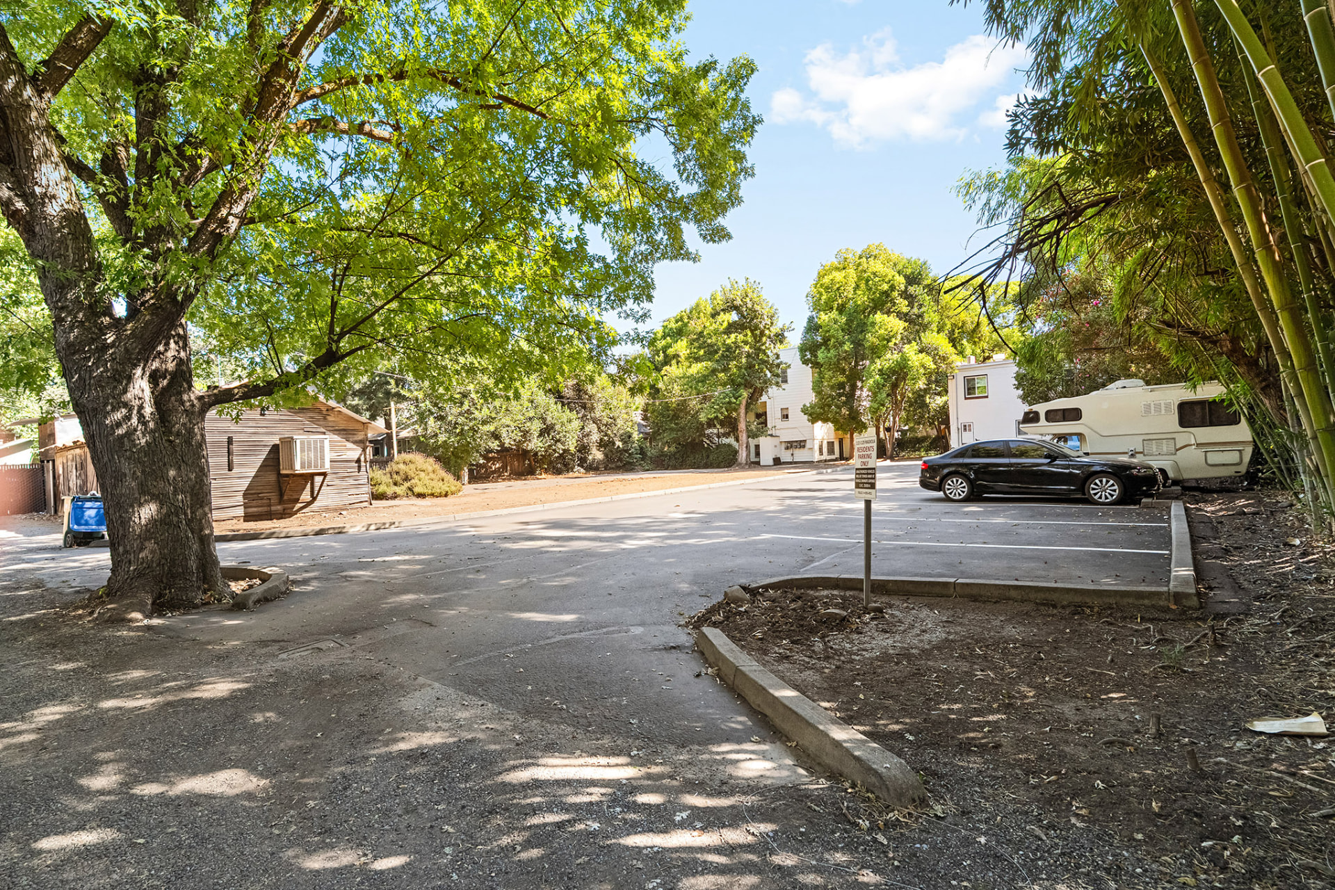 Resident parking area shaded by mature trees on the Magnolia Apartments site